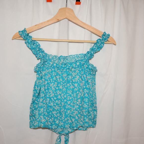 SO Cropped Top Light Blue Floral Size Tie Front otton Soft Ruffle Sleeves - Picture 9 of 11